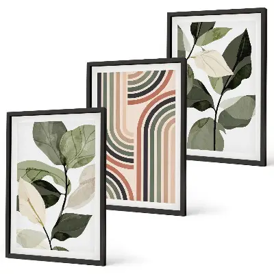 Conjunto de 3 quadros com moldura com motivos geométricos de plantas