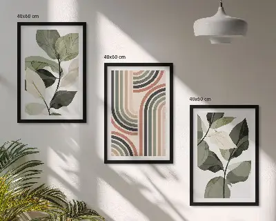 Conjunto de 3 quadros com moldura com motivos geométricos de plantas