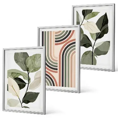 Conjunto de 3 quadros com moldura com motivos geométricos de plantas
