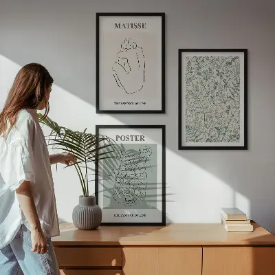Conjunto de quadros decorativos modernos com estampas de linhas e plantas estilo minimalista