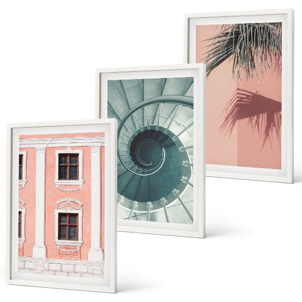 Conjunto de 3 quadros com moldura Arquitetura Espiral Pastel