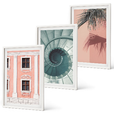 Conjunto de 3 quadros com moldura Arquitetura Espiral Pastel