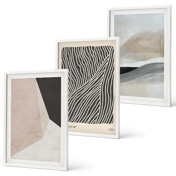 Conjunto de quadros para sala de estar com padrões abstratos em tons de bege e cinza