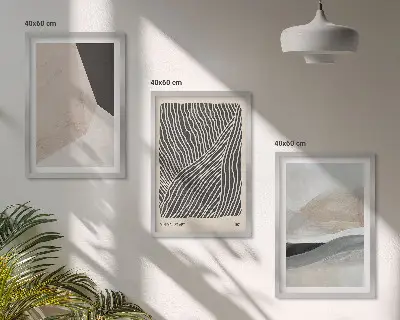 Conjunto de quadros para sala de estar com padrões abstratos em tons de bege e cinza