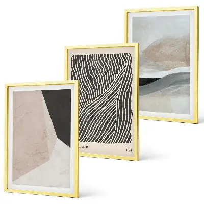 Conjunto de quadros para sala de estar com padrões abstratos em tons de bege e cinza