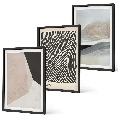 Conjunto de quadros para sala de estar com padrões abstratos em tons de bege e cinza