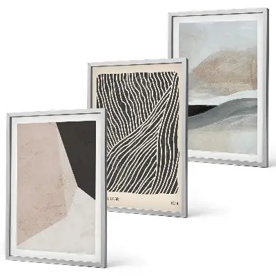 Conjunto de quadros para sala de estar com padrões abstratos em tons de bege e cinza