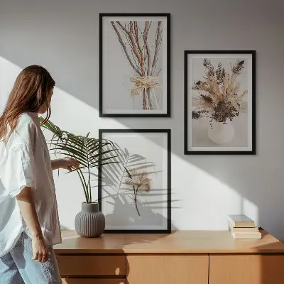 Composição de quadros moderna com ramos de flores minimalistas