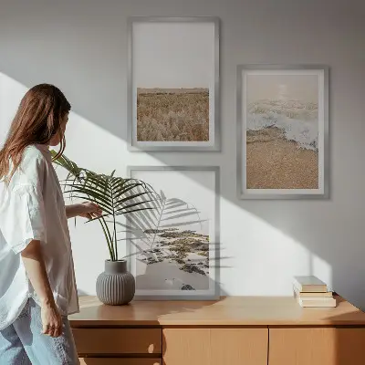 Conjunto de quadros para sala de estar com tema de ondas da praia e pedras de verão
