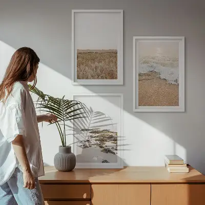 Conjunto de quadros para sala de estar com tema de ondas da praia e pedras de verão