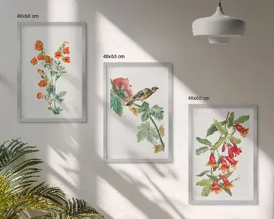 Conjunto de quadros decorativos modernos com flores pintadas e pássaro
