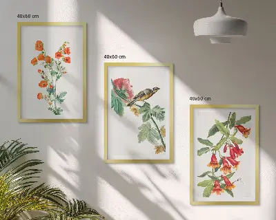 Conjunto de quadros decorativos modernos com flores pintadas e pássaro