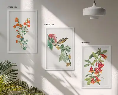 Conjunto de quadros decorativos modernos com flores pintadas e pássaro