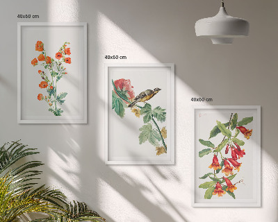 Composição de quadros moderna Flores pintadas e um pássaro