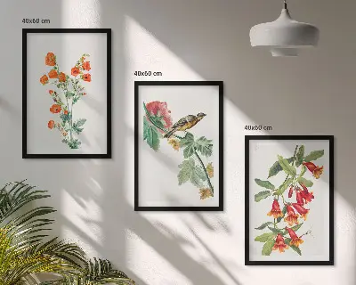 Conjunto de quadros decorativos modernos com flores pintadas e pássaro