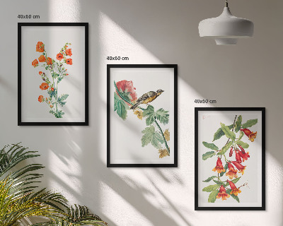 Composição de quadros moderna Flores pintadas e um pássaro