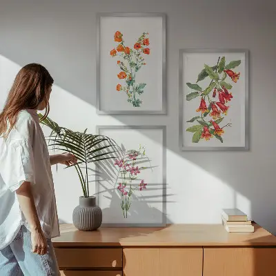Conjunto de 3 quadros com moldura estampa de pintura floral retrô vintage