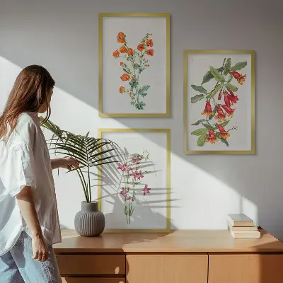 Conjunto de 3 quadros com moldura estampa de pintura floral retrô vintage