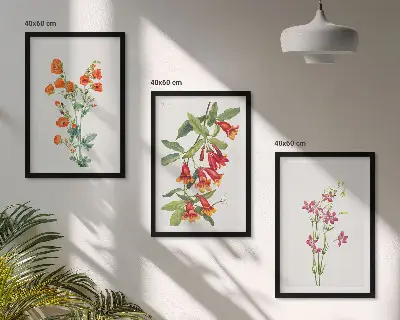 Conjunto de 3 quadros com moldura estampa de pintura floral retrô vintage