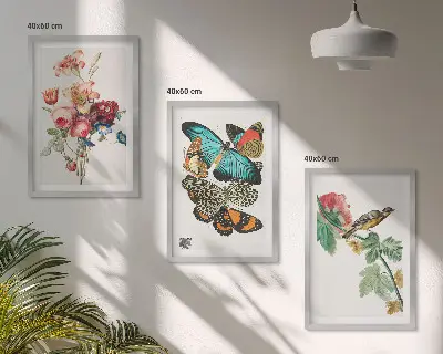 Composição de quadros moderna com flores, borboletas e pássaros em tons pastel