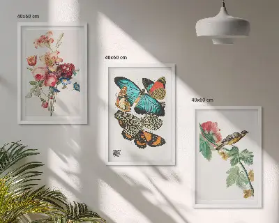 Composição de quadros moderna com flores, borboletas e pássaros em tons pastel