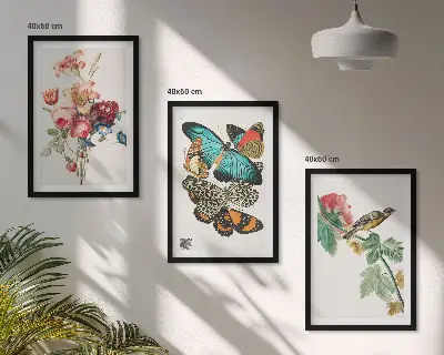 Composição de quadros moderna com flores, borboletas e pássaros em tons pastel