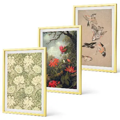 Conjunto de 3 quadros com moldura com estampas de flores, pássaros e natureza