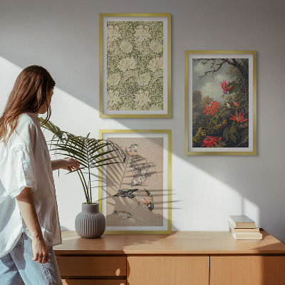 Conjunto de 3 quadros com moldura Flores, pássaros, natureza