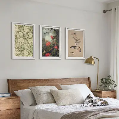 Conjunto de 3 quadros com moldura com estampas de flores, pássaros e natureza