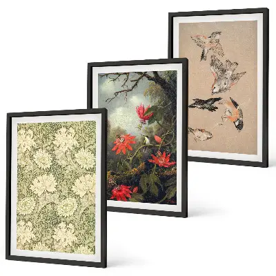 Conjunto de 3 quadros com moldura com estampas de flores, pássaros e natureza