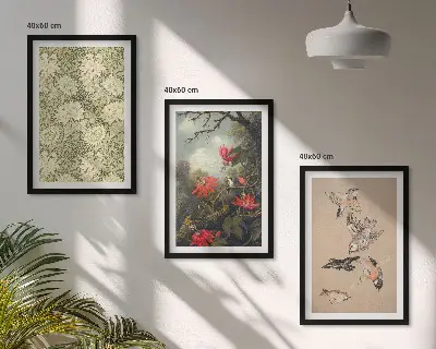 Conjunto de 3 quadros com moldura com estampas de flores, pássaros e natureza