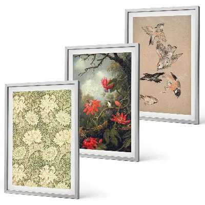 Conjunto de 3 quadros com moldura com estampas de flores, pássaros e natureza