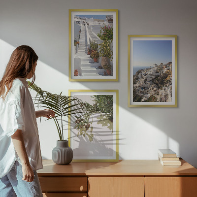 Conjunto de quadros para sala de estar Escadaria branca com vista para Santorini