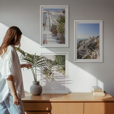 Conjunto de quadros para sala de estar Escadaria branca com vista para Santorini