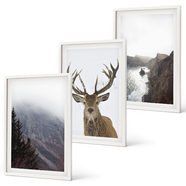 Conjunto de 3 quadros com moldura Paisagem montanhosa com veados