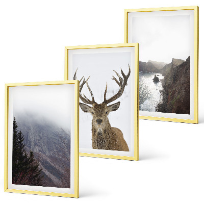 Conjunto de 3 quadros com moldura Paisagem montanhosa com veados