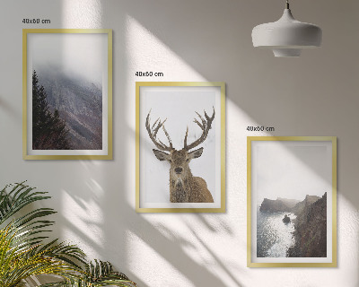 Conjunto de 3 quadros com moldura Paisagem montanhosa com veados