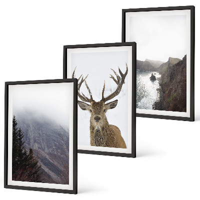 Conjunto de 3 quadros com moldura Paisagem montanhosa com veados