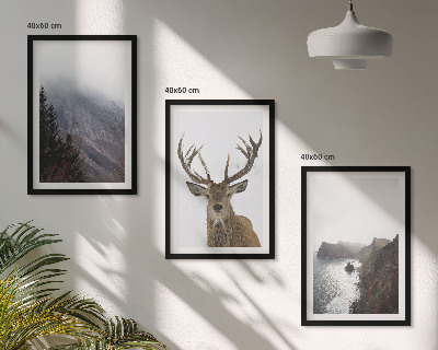 Conjunto de 3 quadros com moldura Paisagem montanhosa com veados