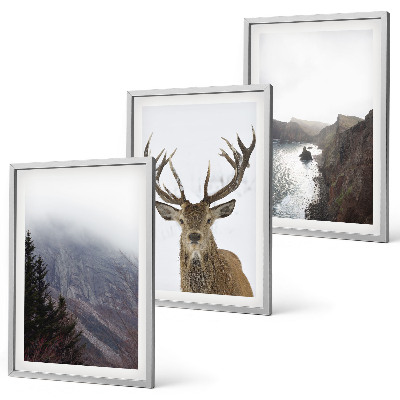 Conjunto de 3 quadros com moldura Paisagem montanhosa com veados