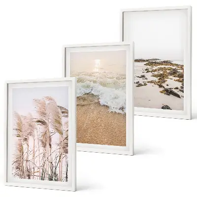 Composição de quadros moderna com grama de praia, ondas e pedras em estilo boho
