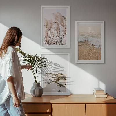 Composição de quadros moderna Grama de praia, ondas, pedras, estilo boho