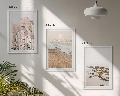 Composição de quadros moderna com grama de praia, ondas e pedras em estilo boho