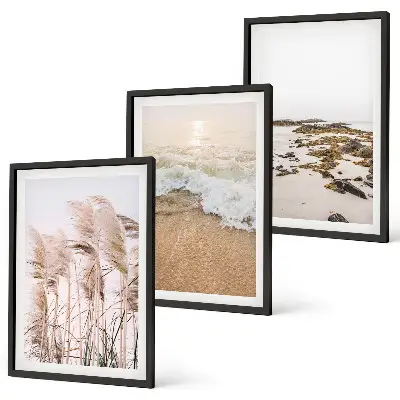 Composição de quadros moderna com grama de praia, ondas e pedras em estilo boho