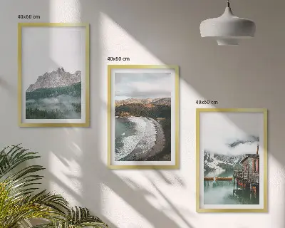 Conjunto de 3 quadros com moldura estampa de casa de madeira nas praias da montanha