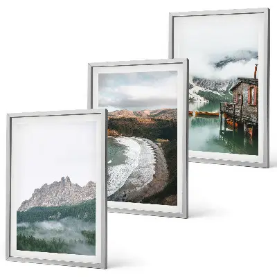 Conjunto de 3 quadros com moldura estampa de casa de madeira nas praias da montanha