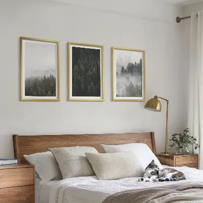 Conjunto de quadros para sala de estar com tema de florestas verdes, neblina e natureza