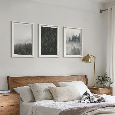 Conjunto de quadros para sala de estar com tema de florestas verdes, neblina e natureza