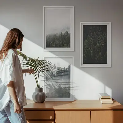 Conjunto de quadros para sala de estar com tema de florestas verdes, neblina e natureza