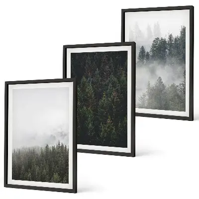 Conjunto de quadros para sala de estar com tema de florestas verdes, neblina e natureza